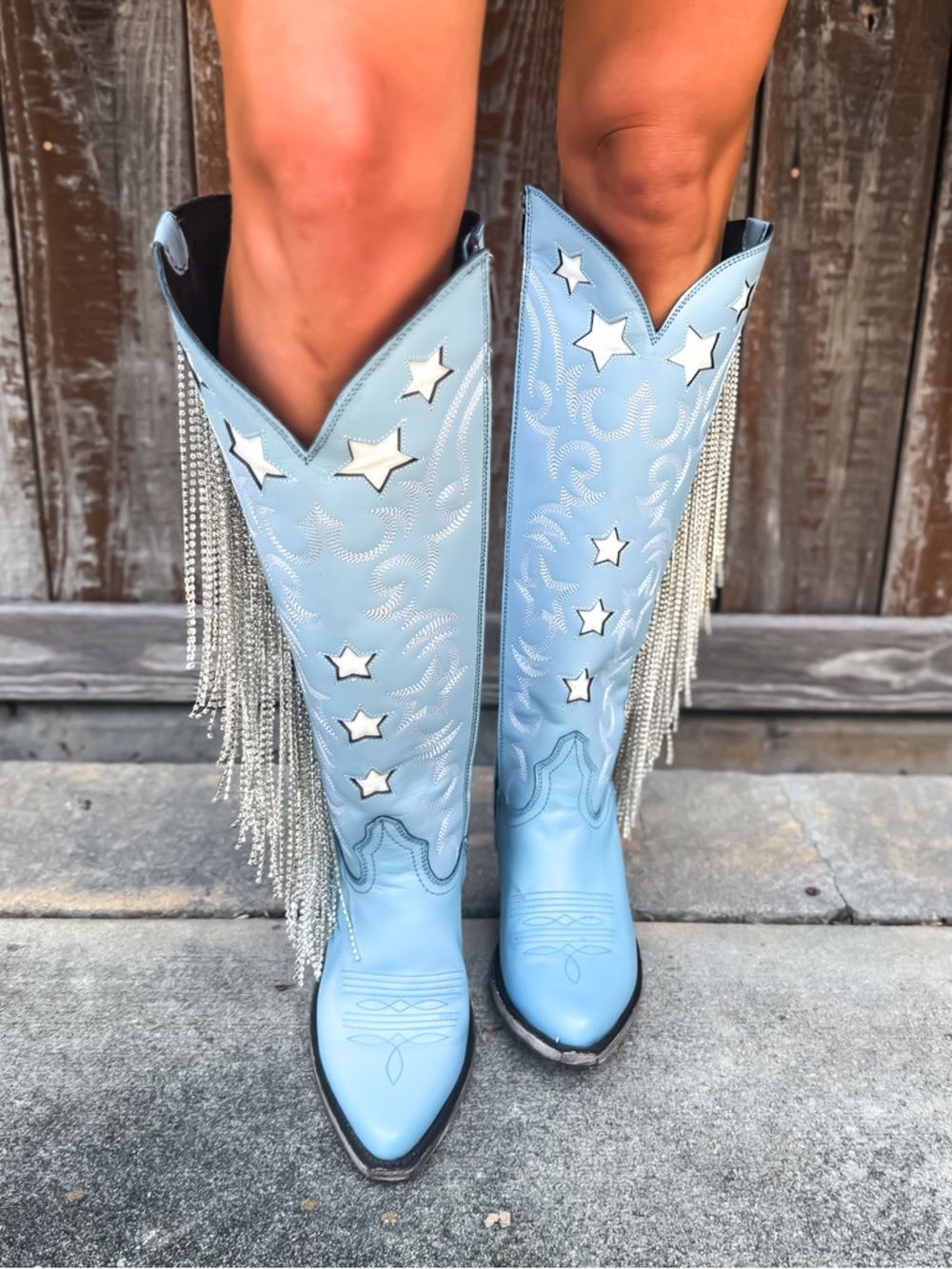 Liberty Black Light Blue Star Fringe Western Knee-High Boots - Women